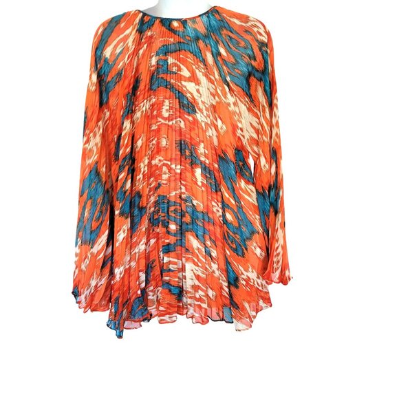 Michael Kors Womens Pleated Crinkle Chiffon Caftan Blouse L Orange & Blue Abstra - Picture 8 of 9